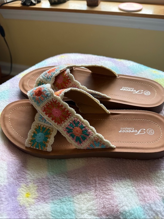 Forever Comfort Shoes - Crochet-Trim Slide Sandals‎ in Multicolor - NWOB Forever Comfort